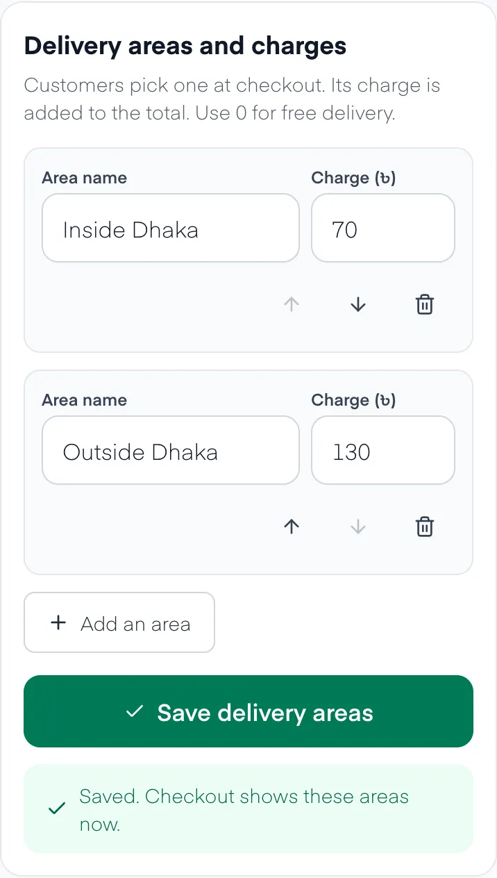 Delivery areas and charges in Settings: Inside Dhaka 70 taka and Outside Dhaka 130 taka, with Add an area and Save delivery areas buttons.
