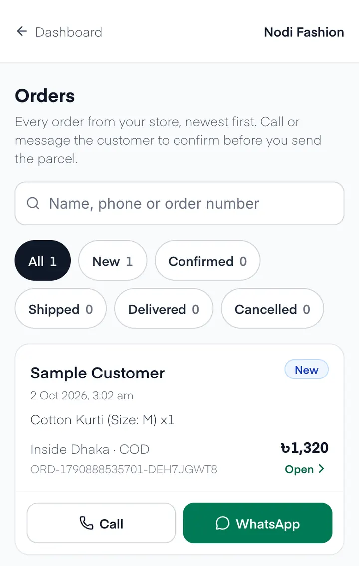 The Orders page on a phone with filters All, New, Confirmed, Shipped, Delivered and Cancelled, and one New order for Cotton Kurti size M, Inside Dhaka, cash on delivery, 1,320 taka, with Call and WhatsApp buttons.