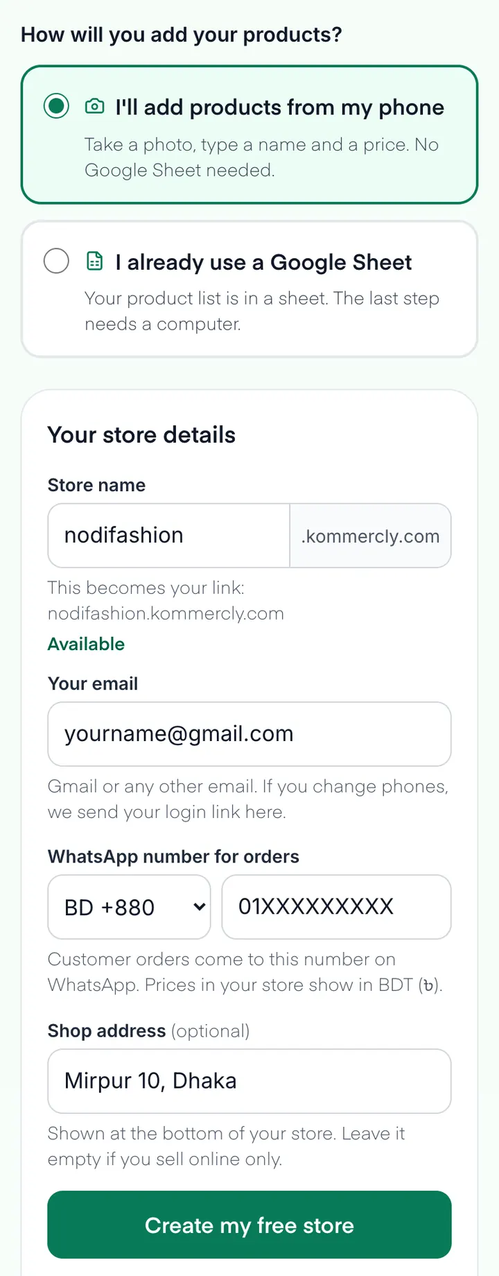 The Kommercly signup form on a phone, Store name nodifashion, an email, a WhatsApp number and the shop address are filled in, above the Create my store button.