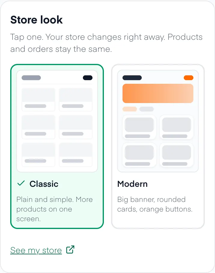 Store look in Settings with two choices: Classic, plain and simple, selected, and Modern, with a big banner and rounded cards.