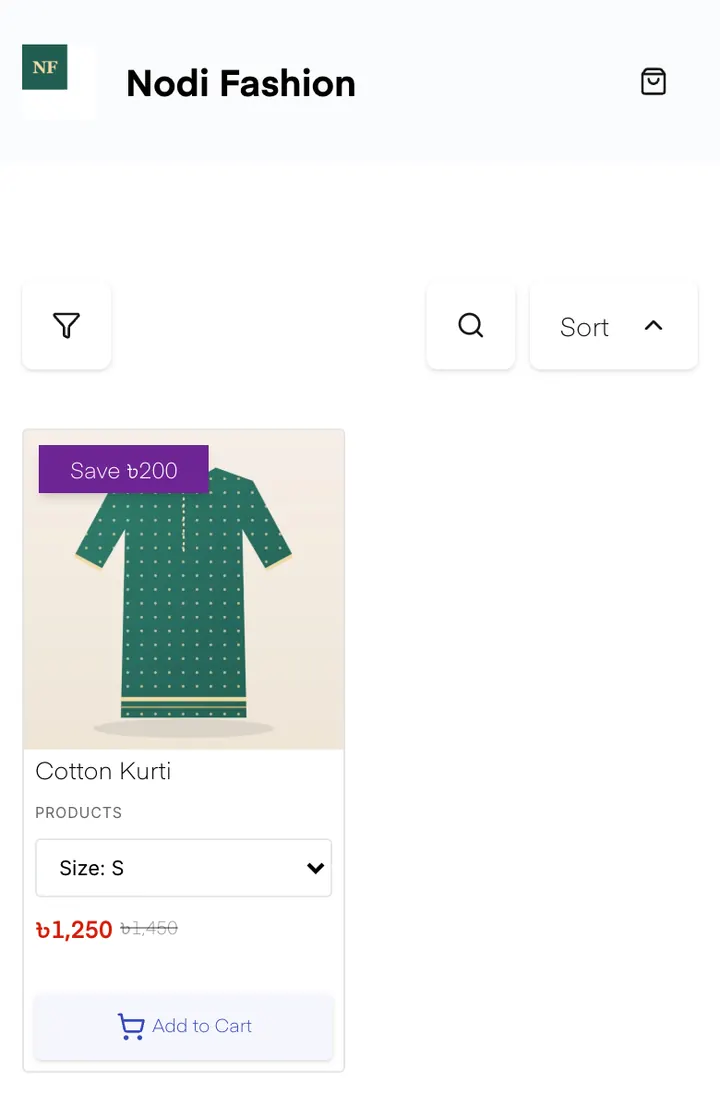 The Nodi Fashion store on a phone in the Classic look: the NF logo, and a Cotton Kurti card showing 1,250 taka, the old price 1,450, a size picker and Add to Cart.