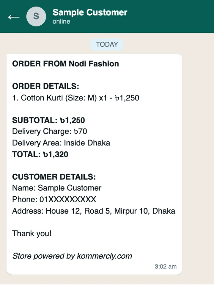 A WhatsApp chat showing an order message: Order from Nodi Fashion, Cotton Kurti size M times 1 for 1,250 taka, delivery charge 70 taka, Inside Dhaka, total 1,320 taka, then the customer's name, phone and address.